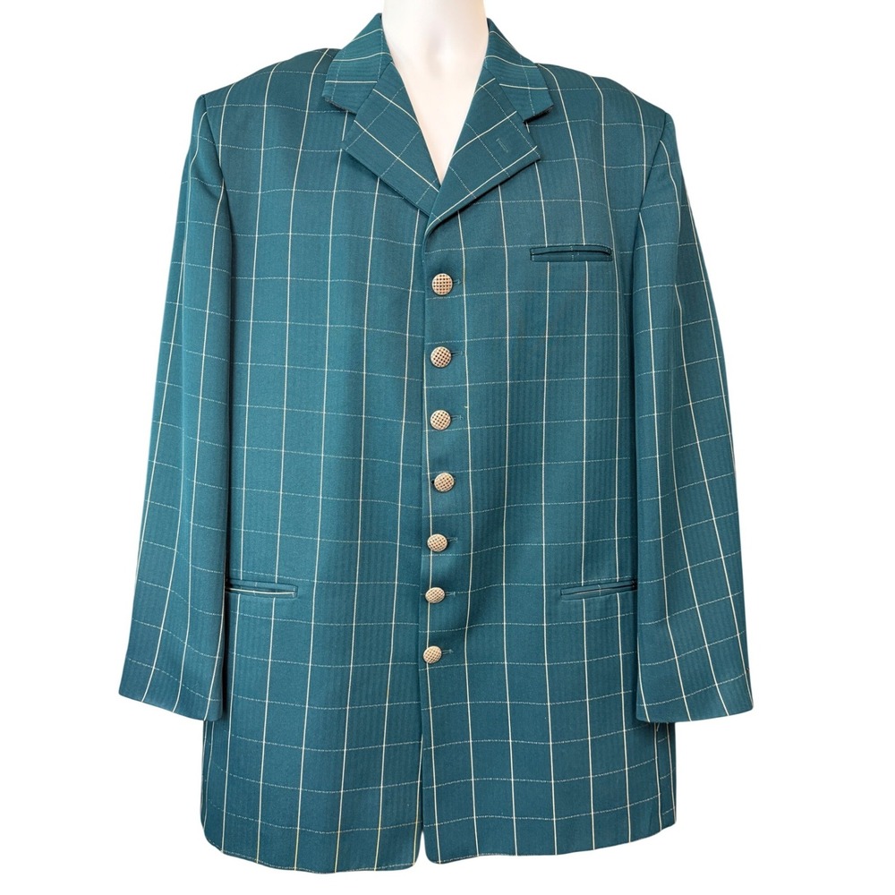 Falcone‎ Mens 44L Teal Windowpane Check 7 Button Blazer Jacket Made in USA Retro